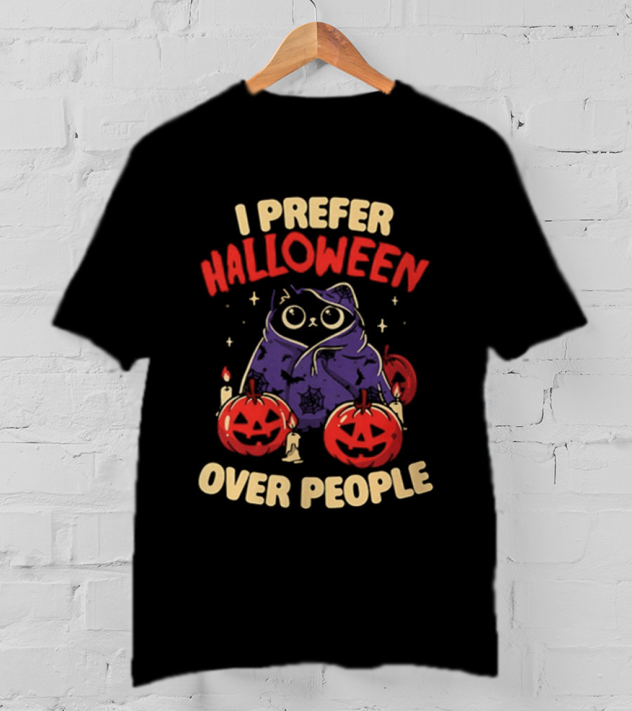 I Prefer Halloween Over People Black Cat Pumpkin Candles T-Shirt