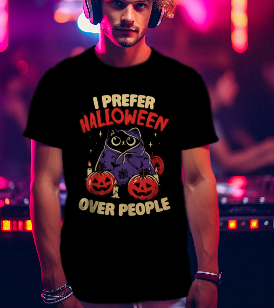 I Prefer Halloween Over People Black Cat Pumpkin Candles T-Shirt