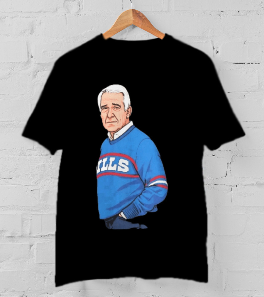 Buffalo Bills Coach Marv Levy Caricature In Blue Sweater With Team Name T-Shirt