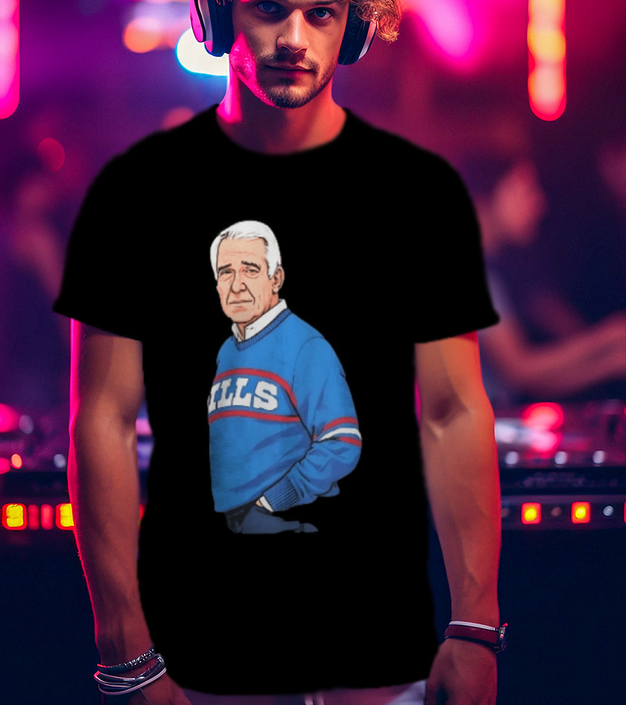 Buffalo Bills Coach Marv Levy Caricature In Blue Sweater With Team Name T-Shirt
