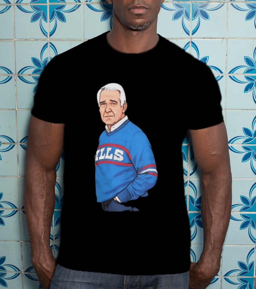 Buffalo Bills Coach Marv Levy Caricature In Blue Sweater With Team Name T-Shirt