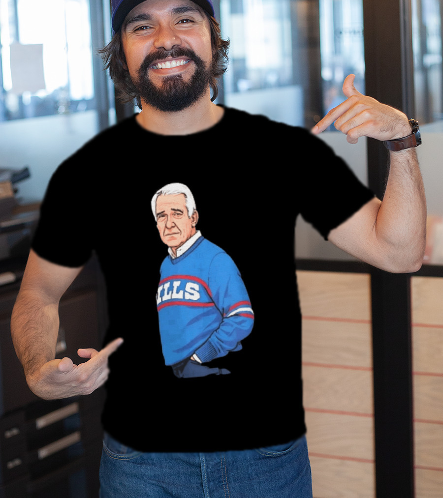 Buffalo Bills Coach Marv Levy Caricature In Blue Sweater With Team Name T-Shirt
