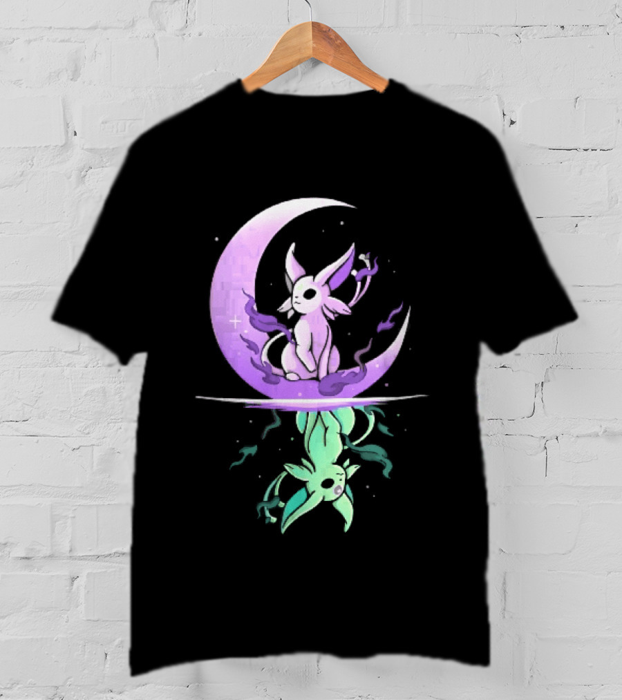 Cartoon Purple Espeon On Crescent Moon With Green Reflection T-Shirt