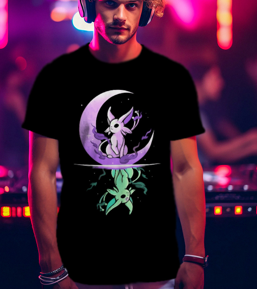 Cartoon Purple Espeon On Crescent Moon With Green Reflection T-Shirt