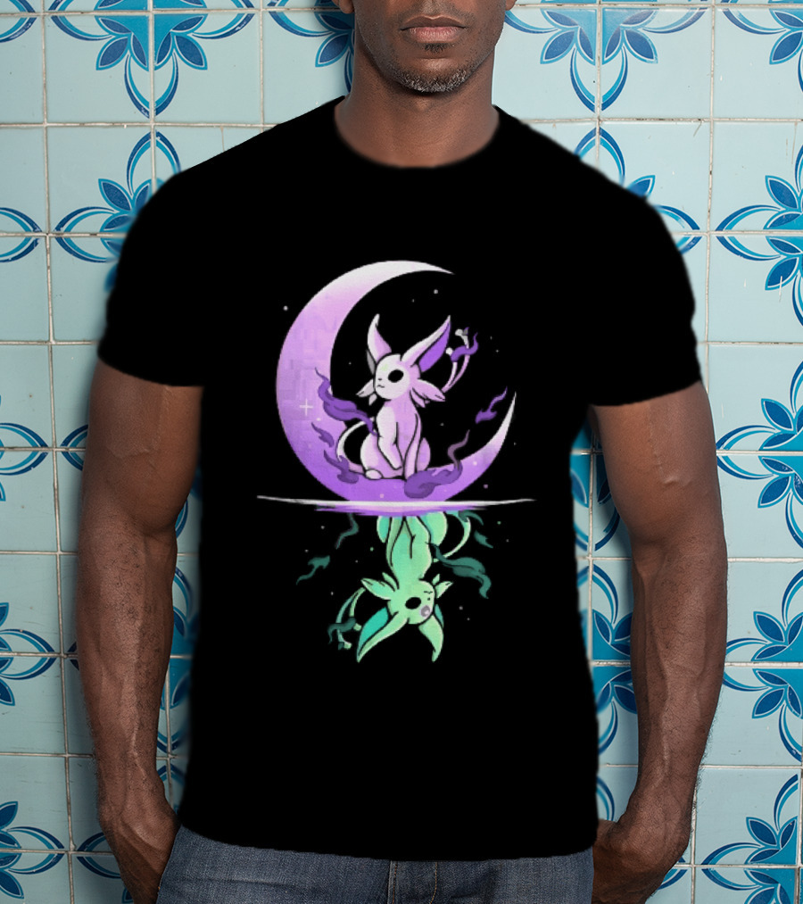 Cartoon Purple Espeon On Crescent Moon With Green Reflection T-Shirt