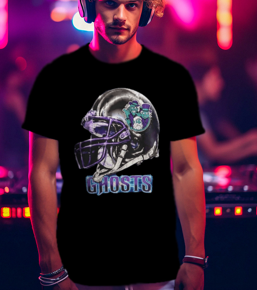 Ghosts Chrome Football Helmet Purple Facemask Haunted Mansion T-Shirt