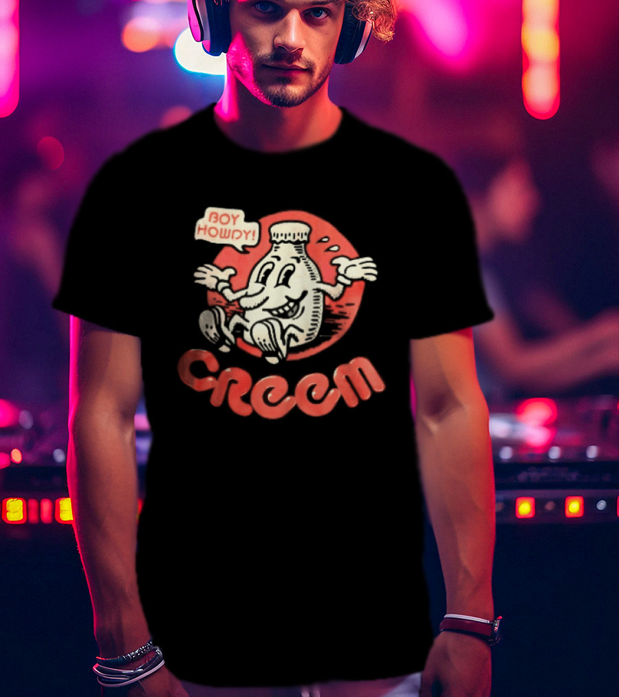 Creem Boy Howdy Milk Bottle Cartoon Red T-Shirt