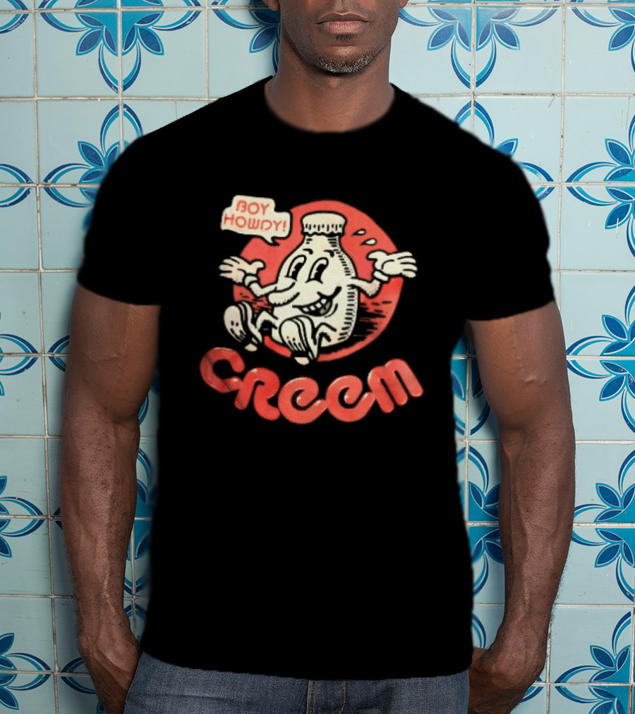Creem Boy Howdy Milk Bottle Cartoon Red T-Shirt