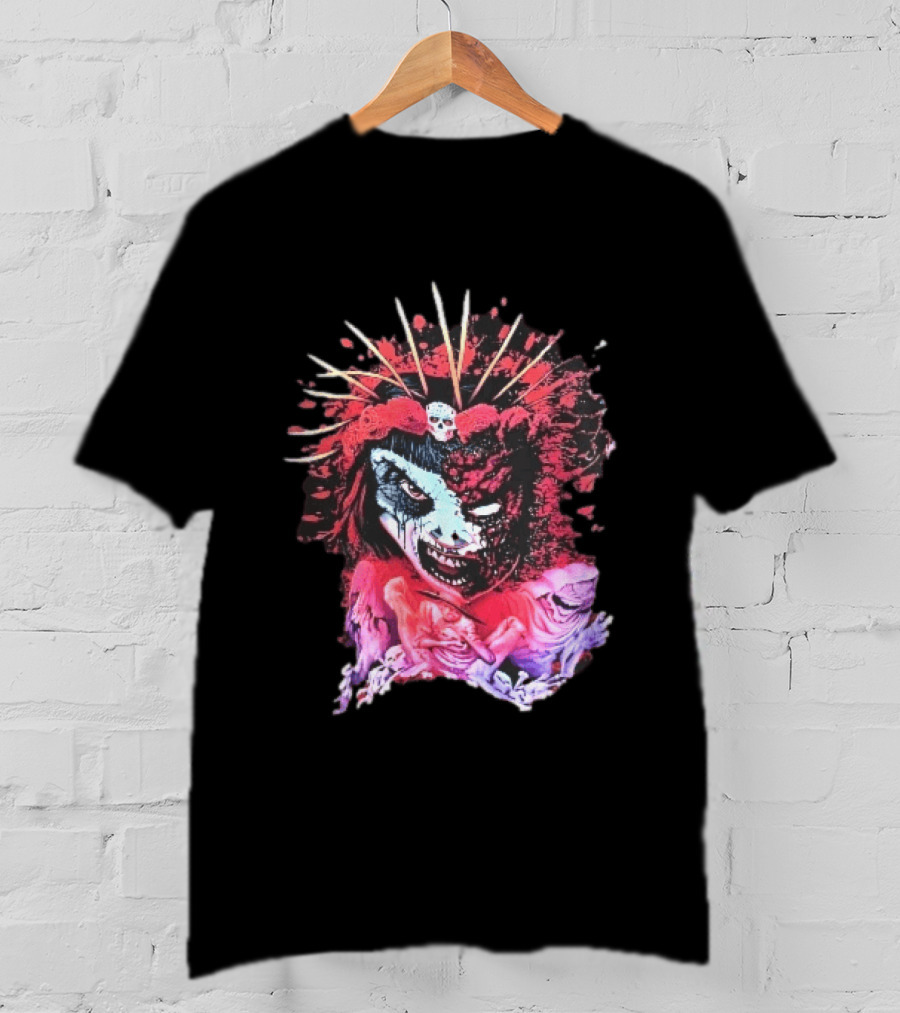 Demonic Japanese Geisha Skull Crown With Red Paint Splatter And Floral T-Shirt