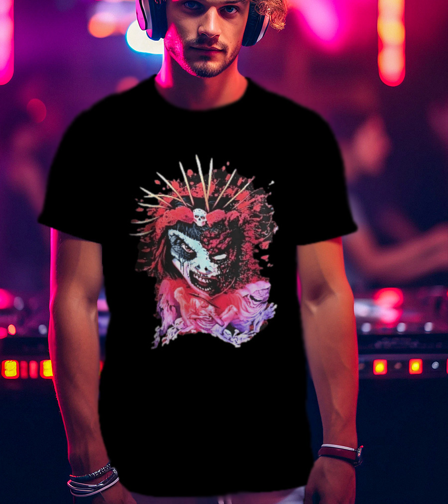 Demonic Japanese Geisha Skull Crown With Red Paint Splatter And Floral T-Shirt