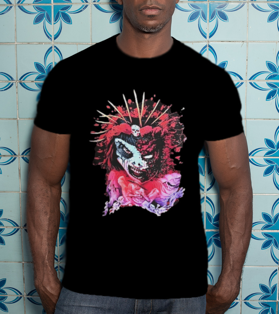 Demonic Japanese Geisha Skull Crown With Red Paint Splatter And Floral T-Shirt