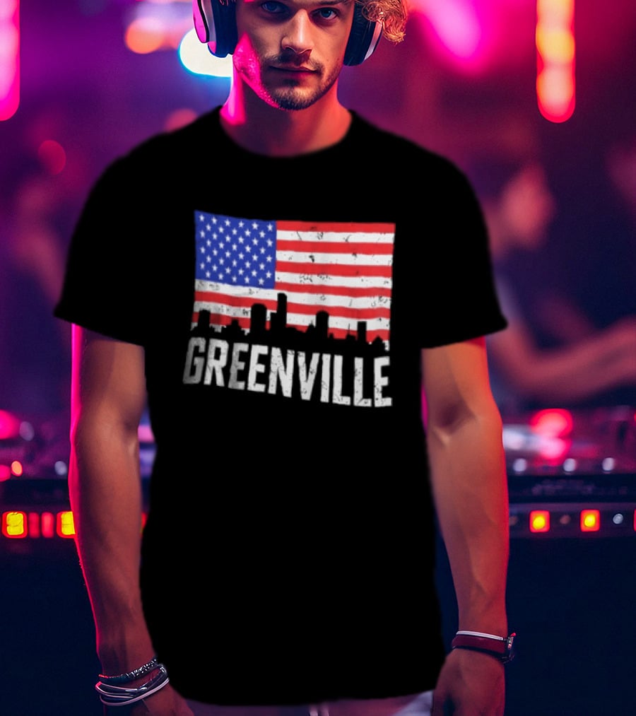 Greenville Skyline American Flag Cityscape T-Shirt