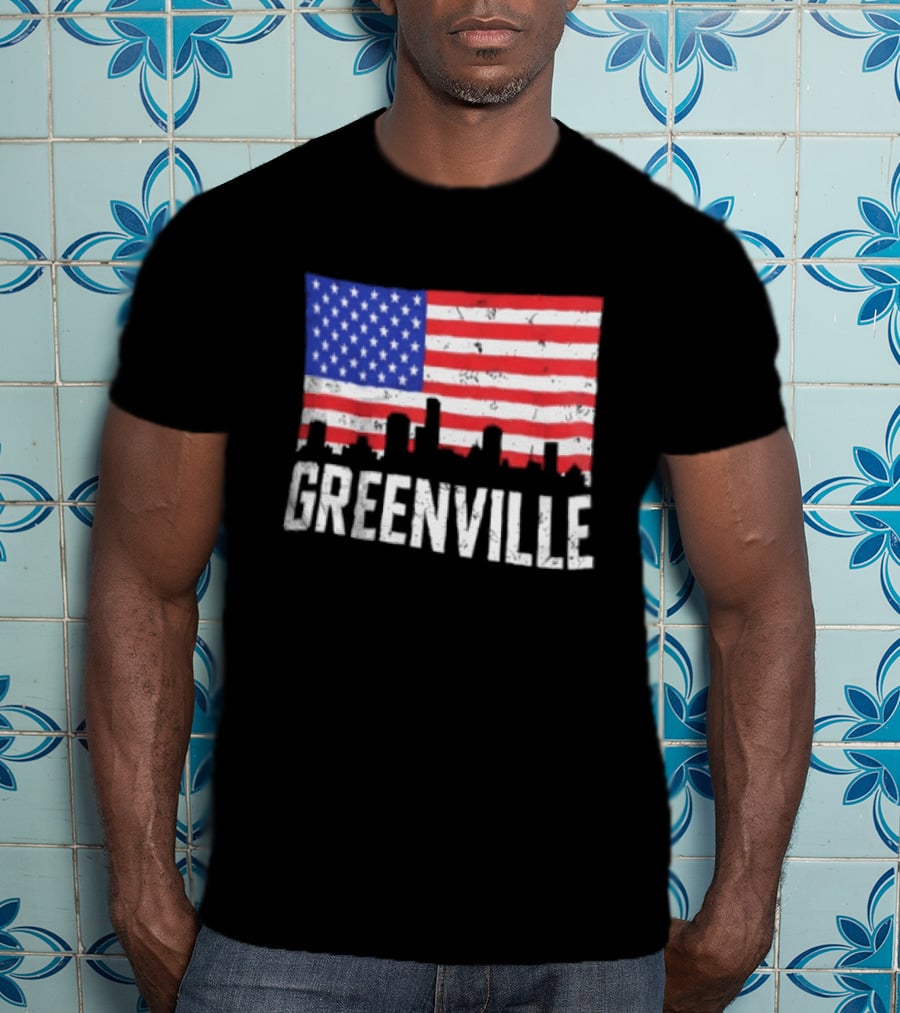 Greenville Skyline American Flag Cityscape T-Shirt