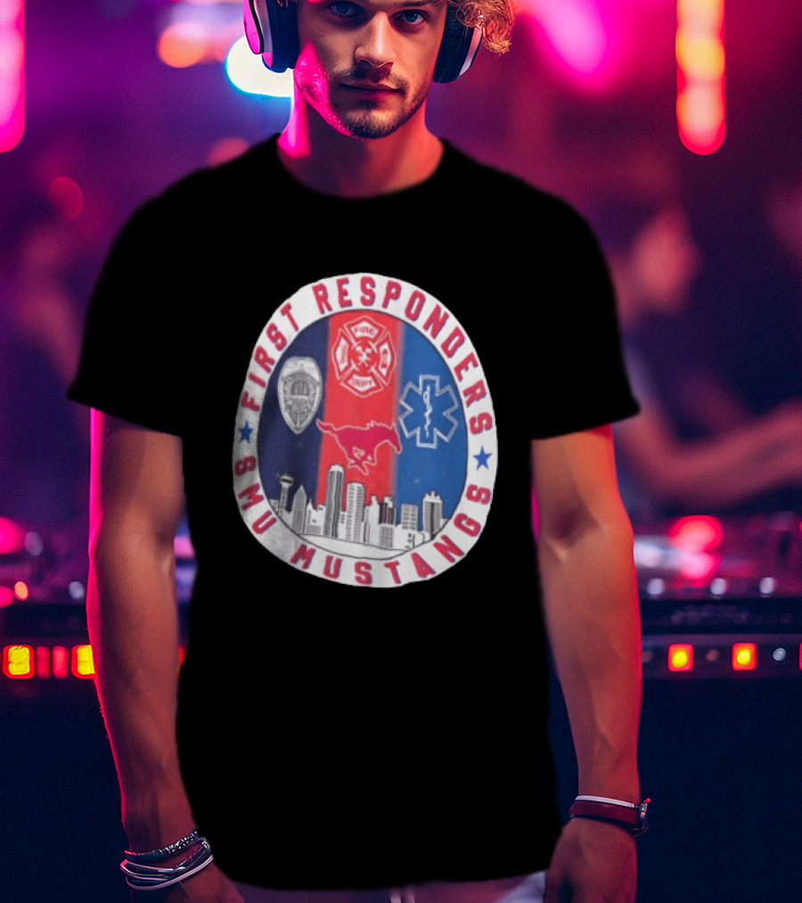 First Responders SMU Mustangs Emergency Services Tribute Skyline T-Shirt