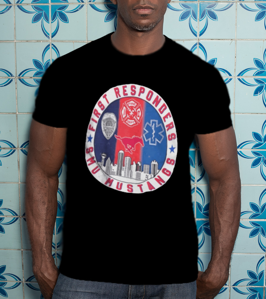 First Responders SMU Mustangs Emergency Services Tribute Skyline T-Shirt