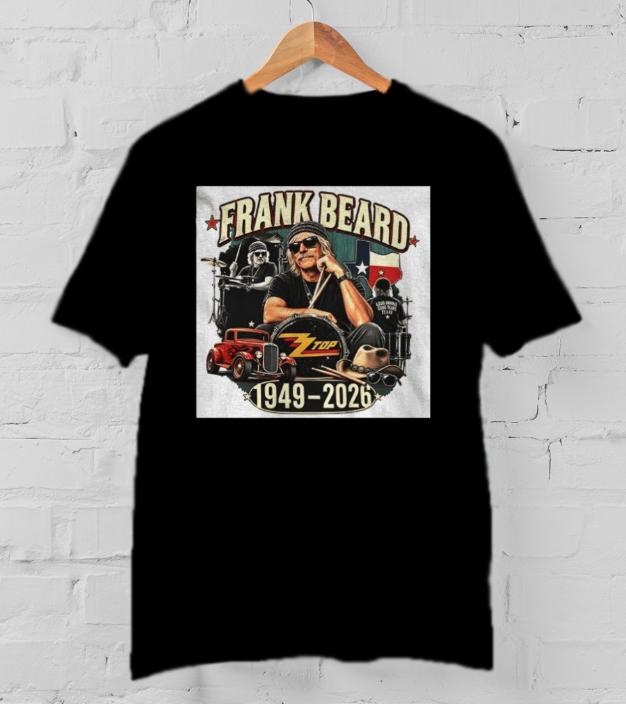 Frank Beard ZZ Top Rock Texas Drummer 1949 2026 Vintage Car And Drumsticks T-Shirt