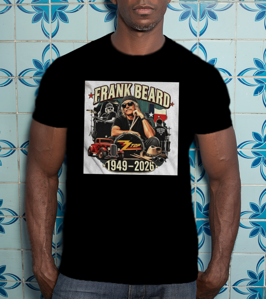 Frank Beard ZZ Top Rock Texas Drummer 1949 2026 Vintage Car And Drumsticks T-Shirt