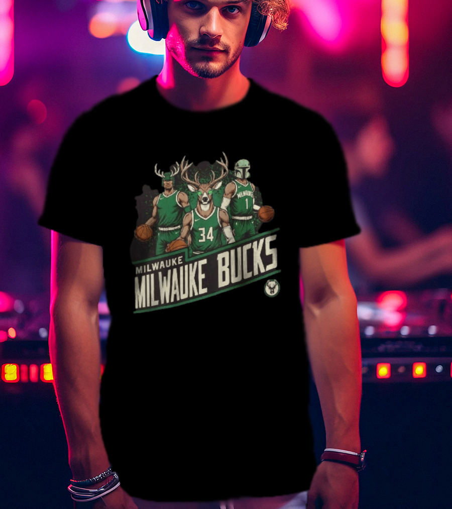 Milwaukee Bucks NBA Antler Helmet Buck Head Mandalorian Basketball Players T-Shirt