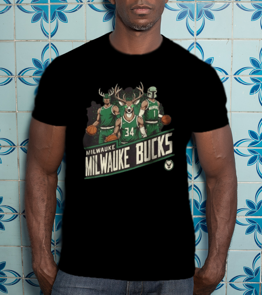 Milwaukee Bucks NBA Antler Helmet Buck Head Mandalorian Basketball Players T-Shirt