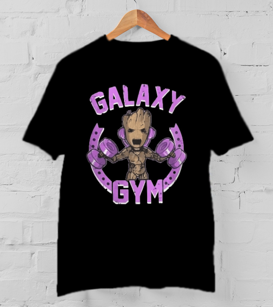Galaxy Gym Cartoon Tree Lifting Dumbbells Headphones T-Shirt