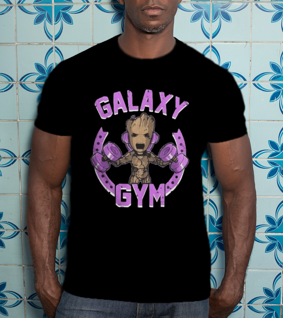 Galaxy Gym Cartoon Tree Lifting Dumbbells Headphones T-Shirt