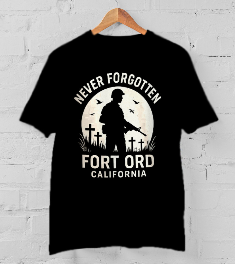 Never Forgotten Fort Ord California Soldier Moon Crosses Birds T-Shirt