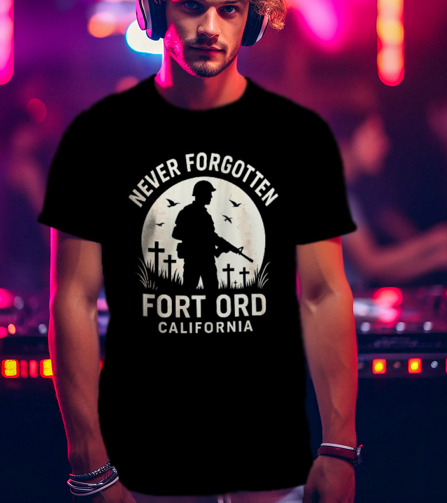 Never Forgotten Fort Ord California Soldier Moon Crosses Birds T-Shirt