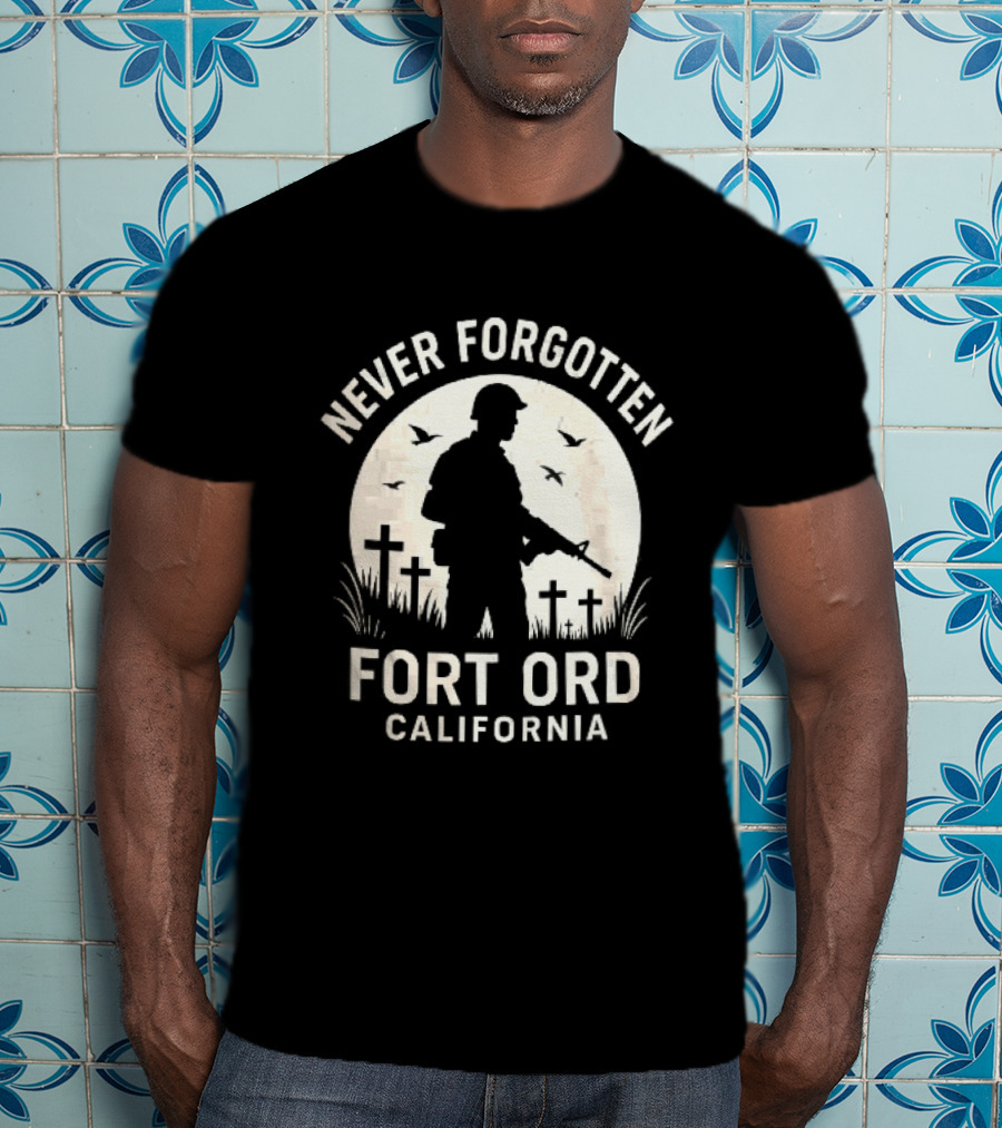 Never Forgotten Fort Ord California Soldier Moon Crosses Birds T-Shirt