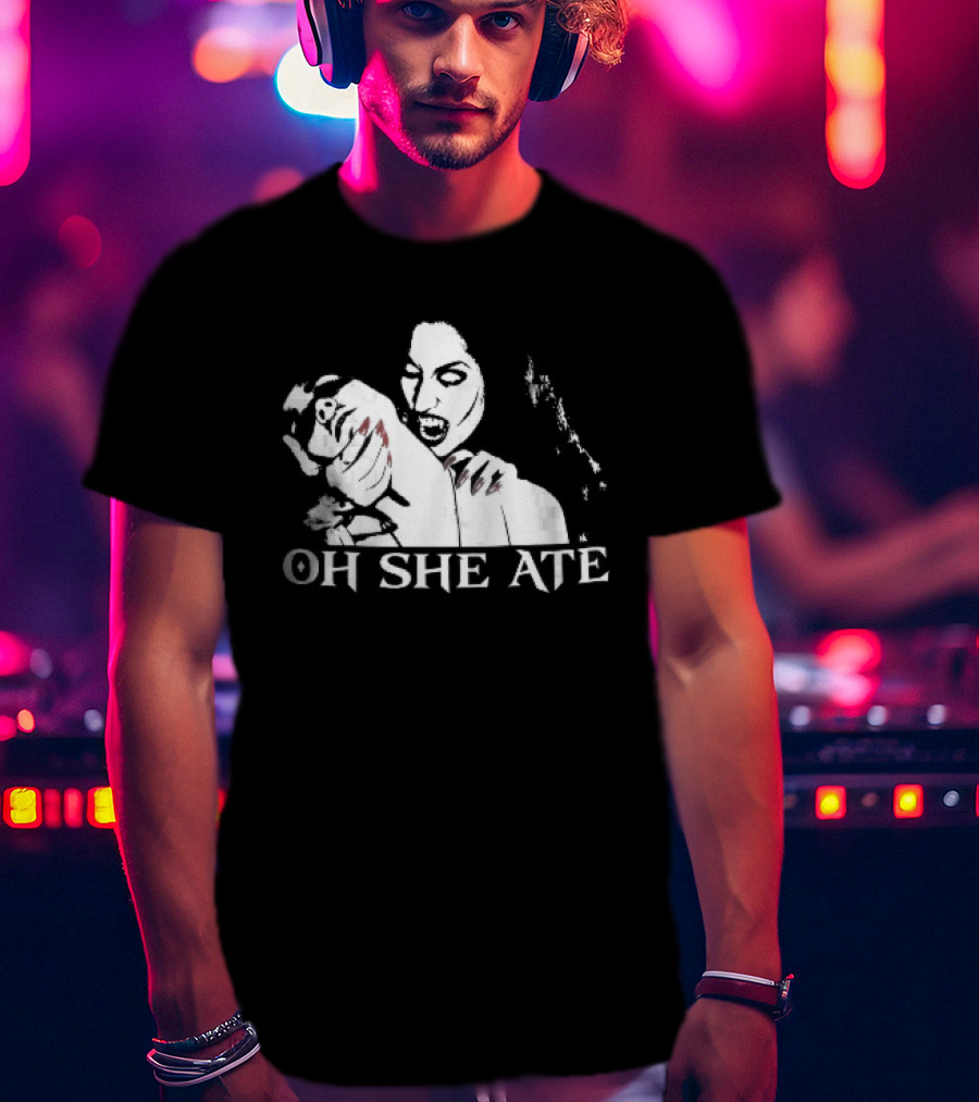 Oh She Ate Female Vampire Biting Neck Red Nails Stencil T-Shirt