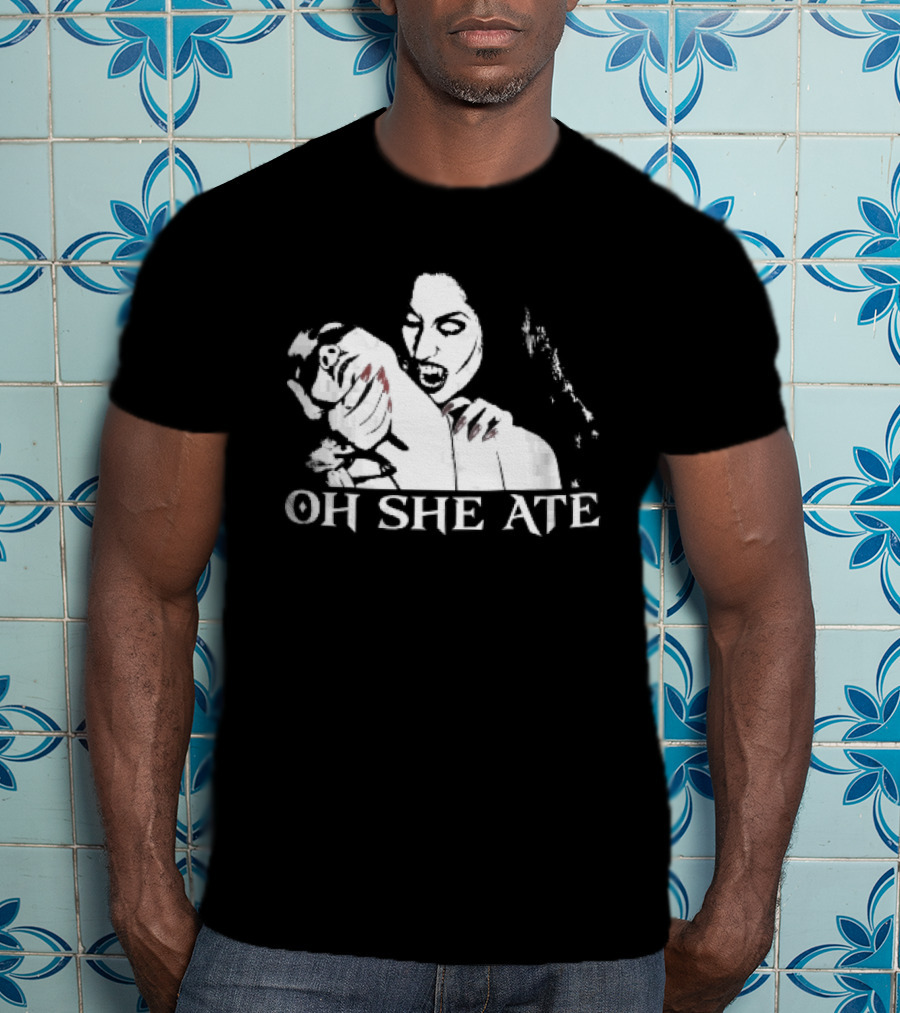 Oh She Ate Female Vampire Biting Neck Red Nails Stencil T-Shirt