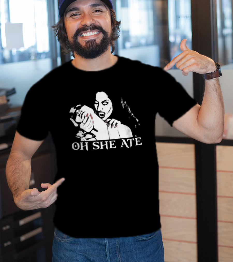 Oh She Ate Female Vampire Biting Neck Red Nails Stencil T-Shirt