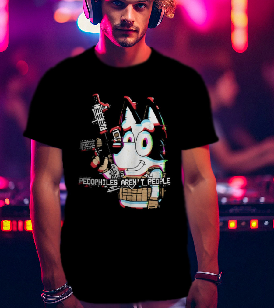 Pedophiles Aren't People Cartoon Dog Tactical Vest Assault Rifle Glitch Effect T-Shirt