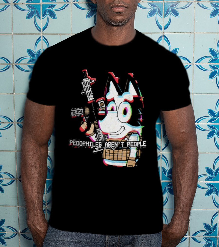 Pedophiles Aren't People Cartoon Dog Tactical Vest Assault Rifle Glitch Effect T-Shirt