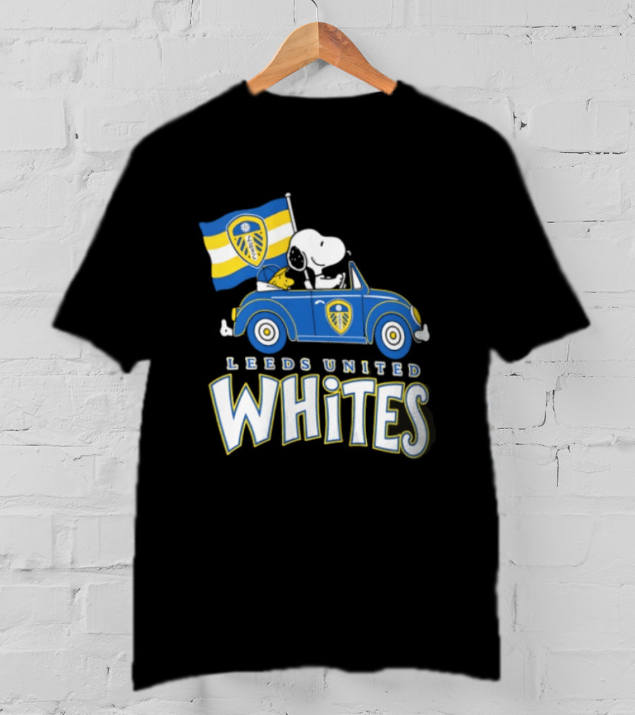 Leeds United Whites Snoopy Car Driving With Flag T-Shirt