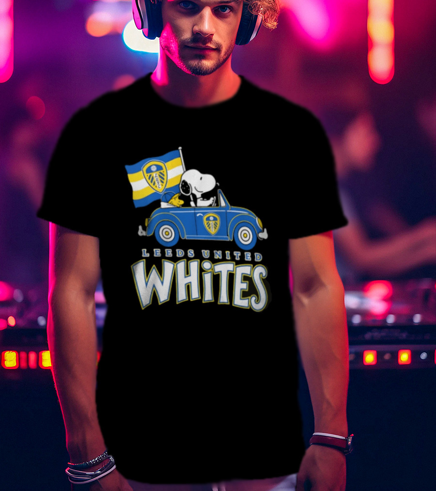 Leeds United Whites Snoopy Car Driving With Flag T-Shirt