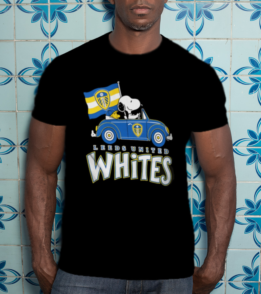 Leeds United Whites Snoopy Car Driving With Flag T-Shirt