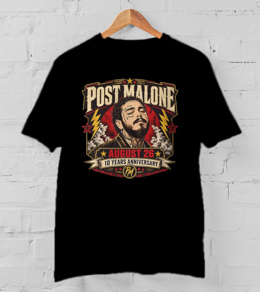 Post Malone August 26 10 Years Anniversary Retro Style Lightning Bolts And Stars T-Shirt