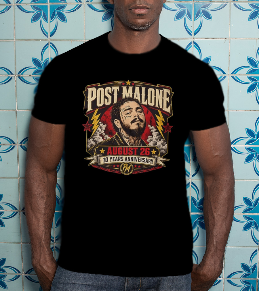 Post Malone August 26 10 Years Anniversary Retro Style Lightning Bolts And Stars T-Shirt