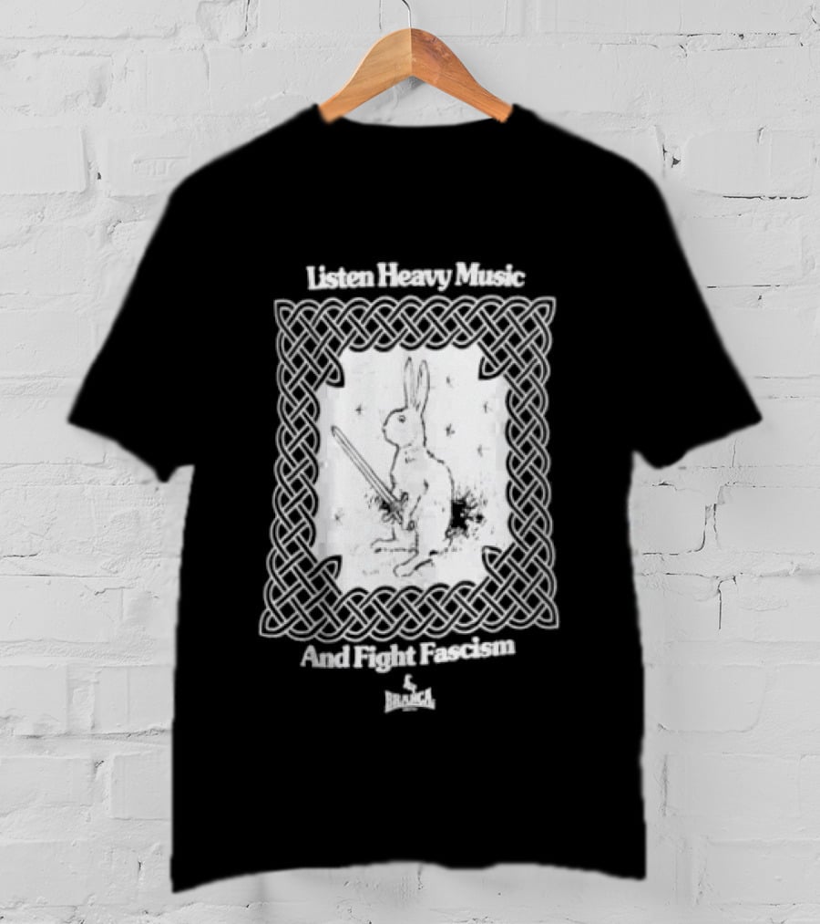Listen Heavy Music And Fight Fascism Bunny With Sword Celtic Knot Frame T-Shirt