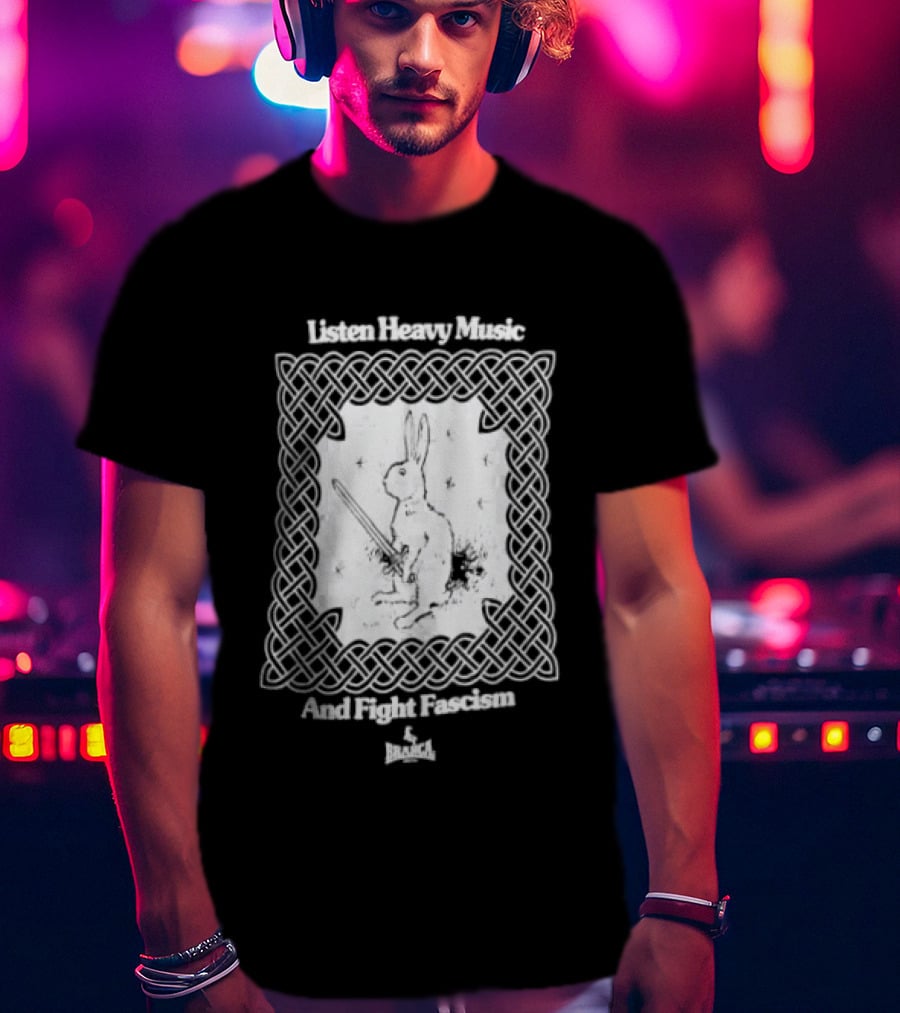 Listen Heavy Music And Fight Fascism Bunny With Sword Celtic Knot Frame T-Shirt