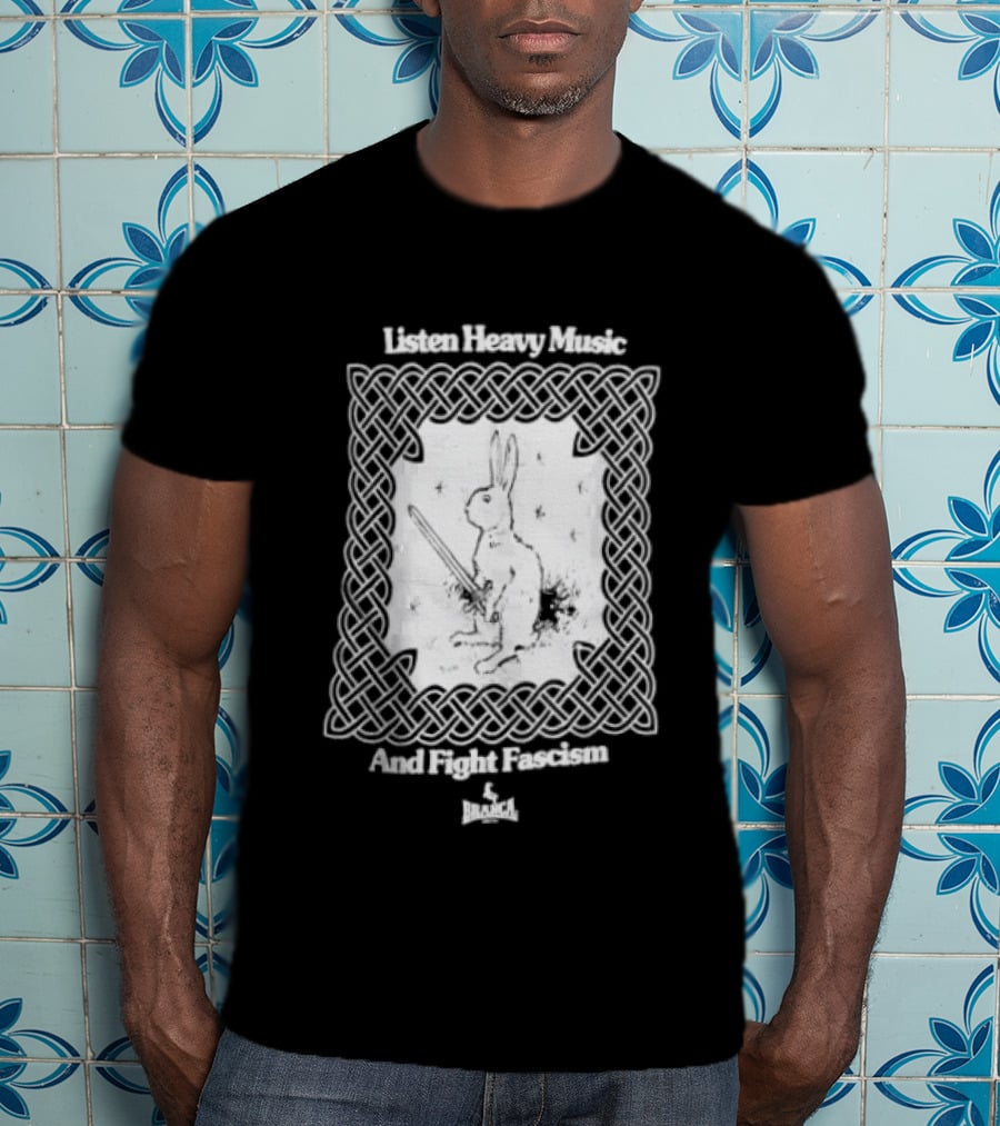 Listen Heavy Music And Fight Fascism Bunny With Sword Celtic Knot Frame T-Shirt
