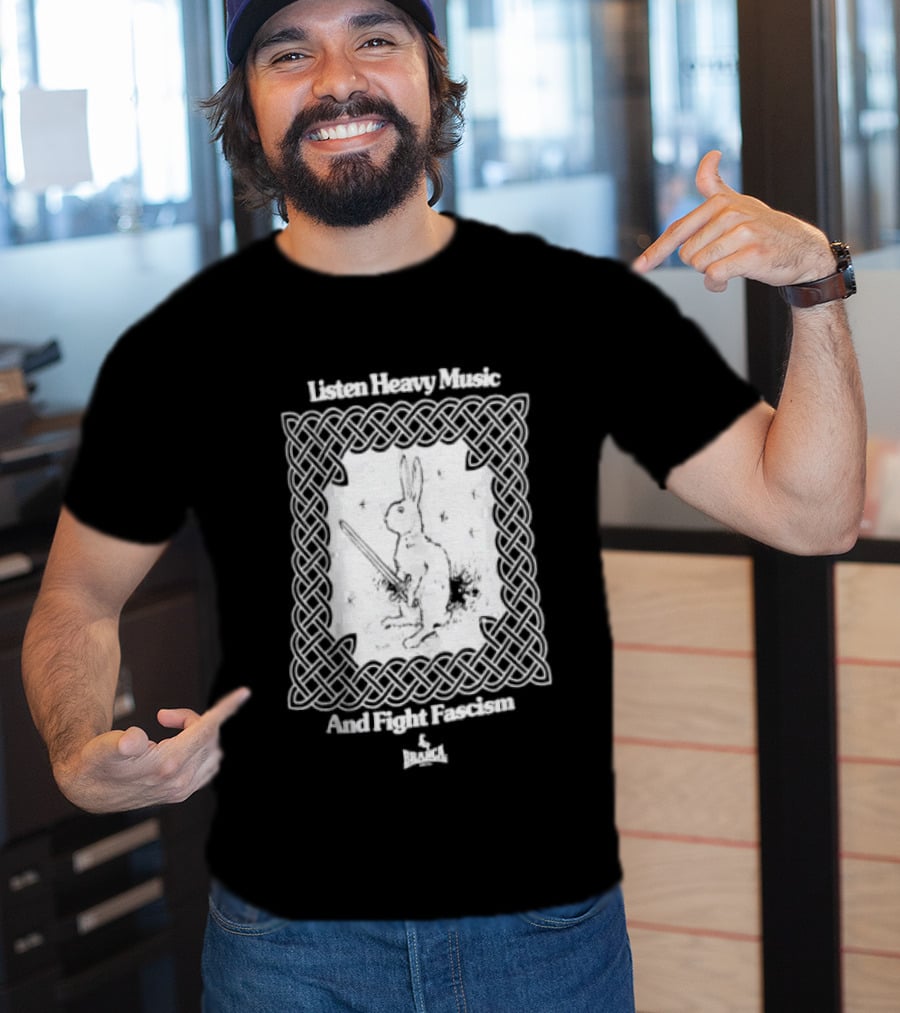 Listen Heavy Music And Fight Fascism Bunny With Sword Celtic Knot Frame T-Shirt