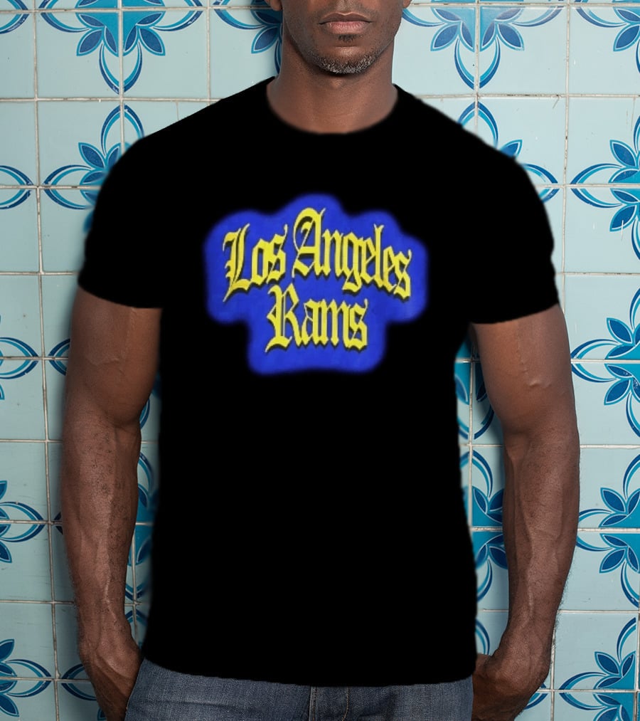 Los Angeles Rams Yellow Gothic Letters Blue Aura T-Shirt
