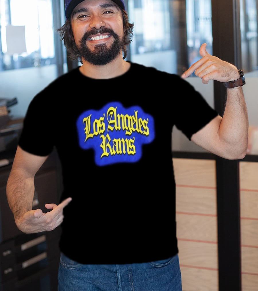 Los Angeles Rams Yellow Gothic Letters Blue Aura T-Shirt