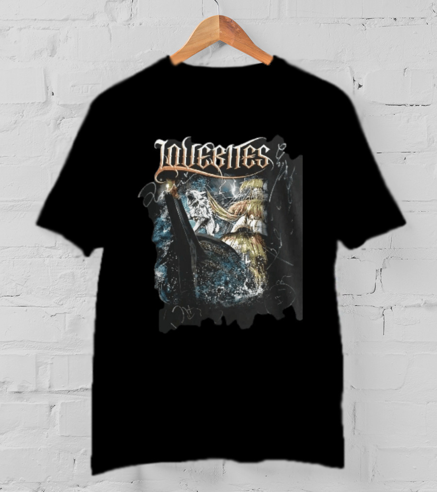 Lovebites Howling White Wolf Ship Amidst Ocean Storm And Lightning Waves T-Shirt