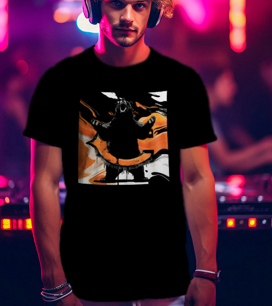 Roaring Black Bear Orange Liquid Swirls Dripping Banner T-Shirt