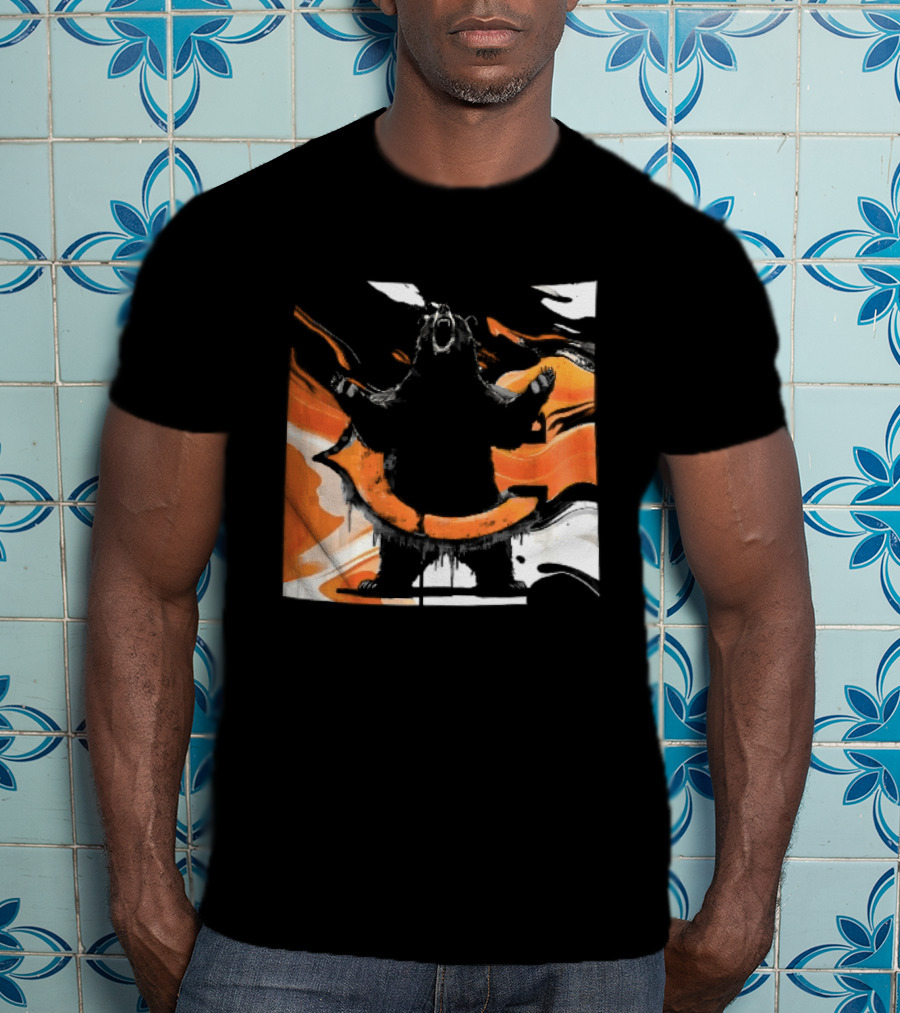Roaring Black Bear Orange Liquid Swirls Dripping Banner T-Shirt