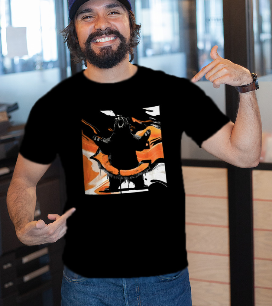 Roaring Black Bear Orange Liquid Swirls Dripping Banner T-Shirt