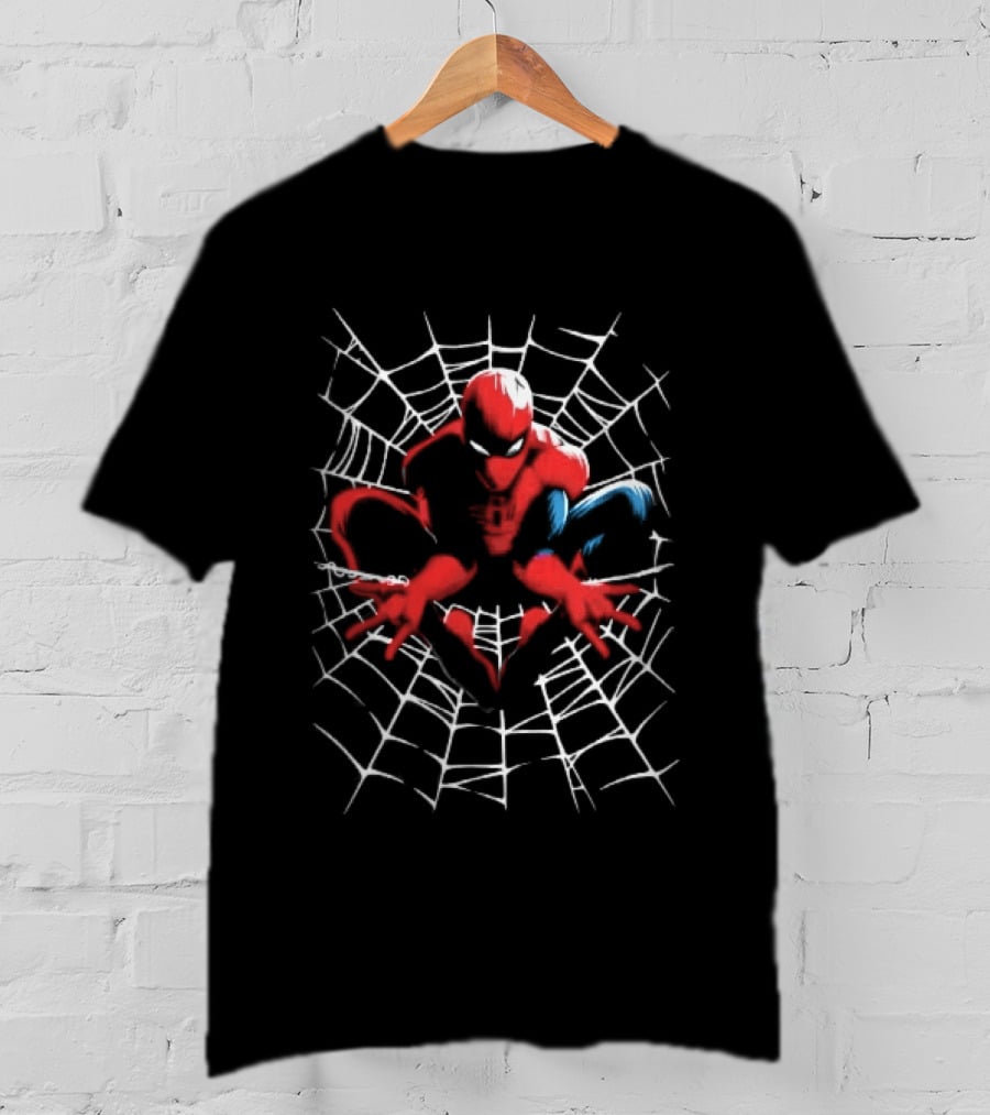Marvel Spider Man Crouching Red Blue White Web Black T-Shirt