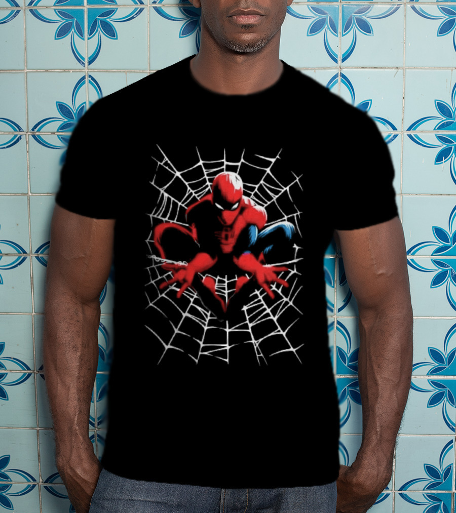 Marvel Spider Man Crouching Red Blue White Web Black T-Shirt
